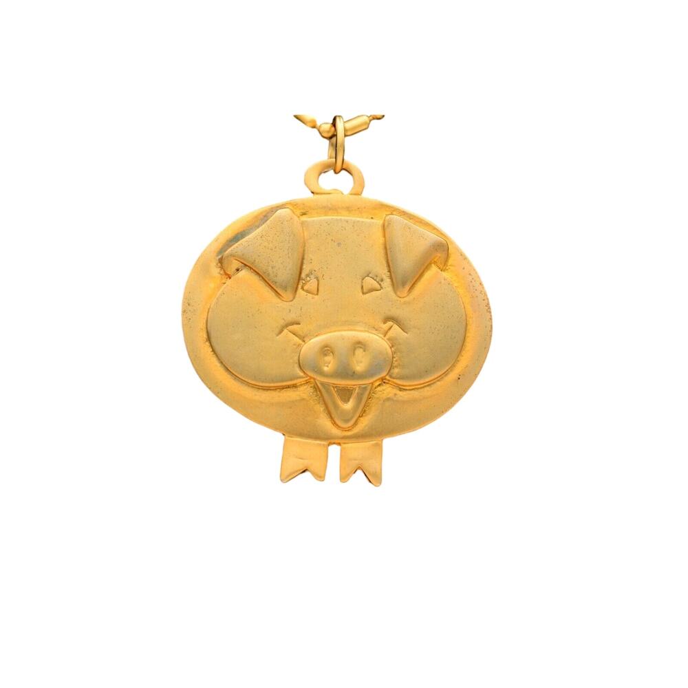 Heavy Pig Pendant Necklace Funny Cute Farm Brushed Gold Chain Vintage 1980s BinR